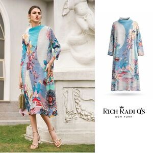 NEW Rich Radi Q’s Artistic Print Pleated High Neck Garden Dress